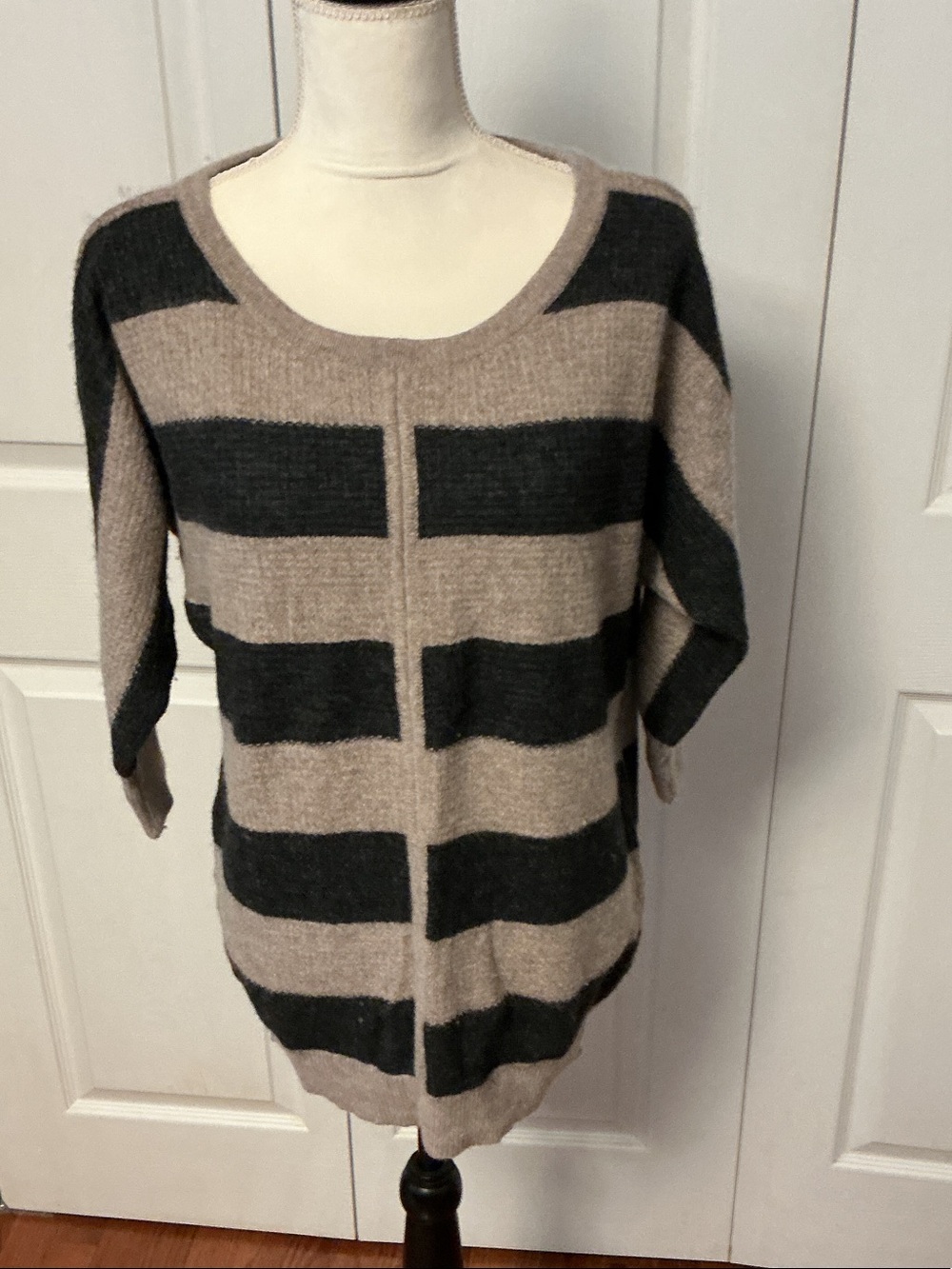 LOFT Taupe & Charcoal Striped Scoop Neck Sweater